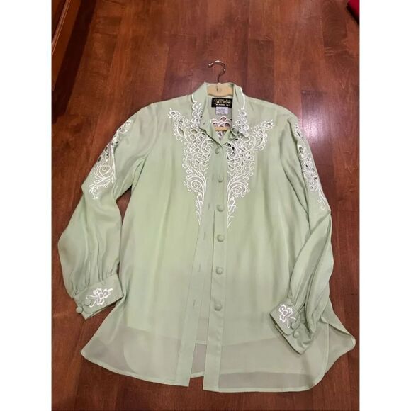 Bob Mackie Tops - Bob Mackie Wearable Art 100% Silk Embroidered Blouse Top Sage Green Button Front